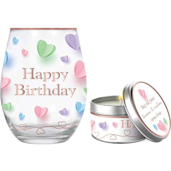 2pc Happy Birthday 520ml Stemless Glass Tumbler & Candle Vanilla Scent Set