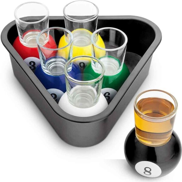 6pc Coloured Pool Ball Shot Glass w/ Tray Set Party Novelty Drinking Game