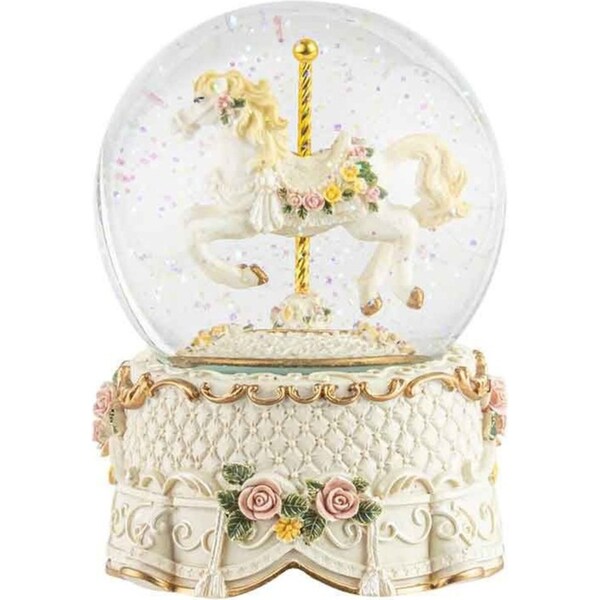 Pretty Glitter Horse Carousel Water Globe w/Music Home/Room Decor 13cm Beige