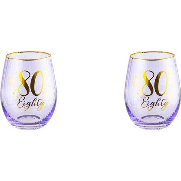 2x 80th Fluted Stemless Handmade Drinking Glassware/Home Decoration 600ml/13cm