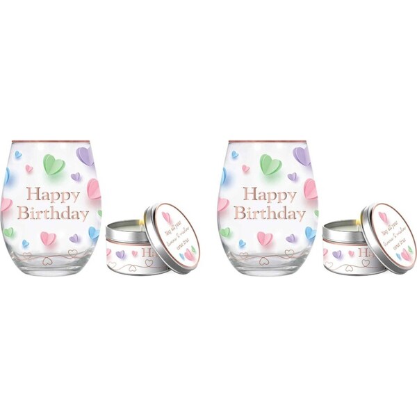 4pc Happy Birthday 520ml Stemless Glass Tumbler & Candle Vanilla Scent Set