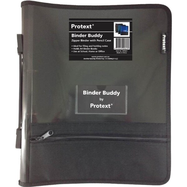 Binder Buddy Protext A4 2 Ring Binder, 25mm with Zipper, Handle, Presentation Case, Pockets, Smoke Grey – Durable Document Organizer for Office, School, and Travel