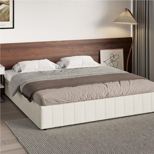 1x Oikiture Bed Frame King Size Gas Lift Storage Base Velvet Cream FURB