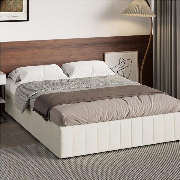 1x Oikiture Bed Frame Double Size Gas Lift Storage Base Velvet Cream FURB
