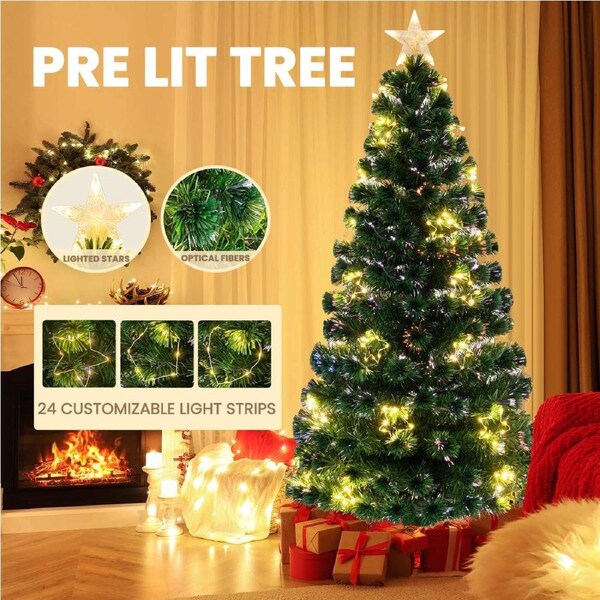 Costway 180cm PVC Christmas Tree Pre-Lit Xmas Decoration w/Star Lights Traditional Tree Holiday Party Gift Green
