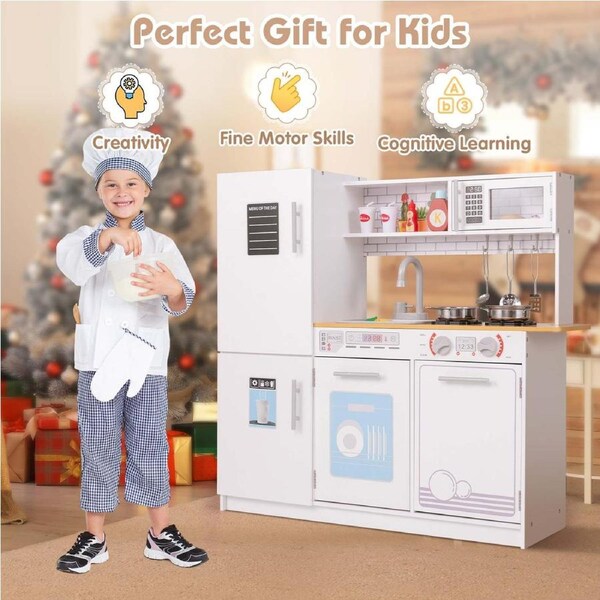 Costway Play Kitchen Chef Pretend Cooking Toy Set w/Water Dispenser/Accessories Boys Girls White