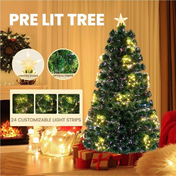 Costway 150cm PVC Christmas Tree Pre-Lit Xmas Decoration w/Star Lights Holiday Party Gift Green