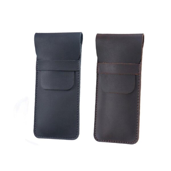 2PCS Vintage Handmade Genuine Leather Pencil Case Set Cowhide Protective Holder