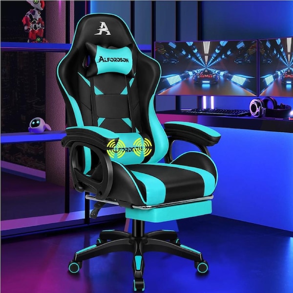 ALFORDSON Gaming Office Chair Racing Massage Leather Computer Seat Footrest Xavier Collection Black & Cyan