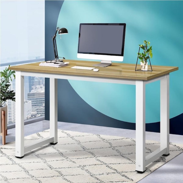 Oikiture Computer Desk Study Office Table Workstation Student Laptop Desks White and Wood