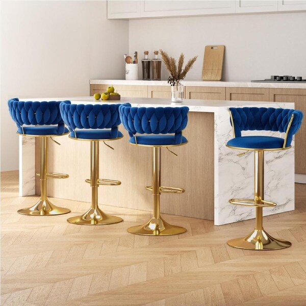 Artiss 4x Bar Stools Gas Lift Velvet Woven Backrest Navy