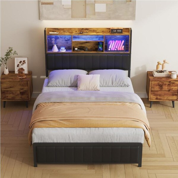 Advwin Bed Frame Queen Size with Charging Station and RGB LED Storage Headboard Shelf Metal Bed Base Leather