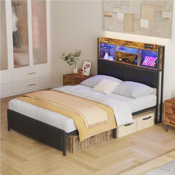 Advwin Bed Frame Double Size with Charging Station and RGB LED Storage Headboard Shelf Metal Bed Base Leather