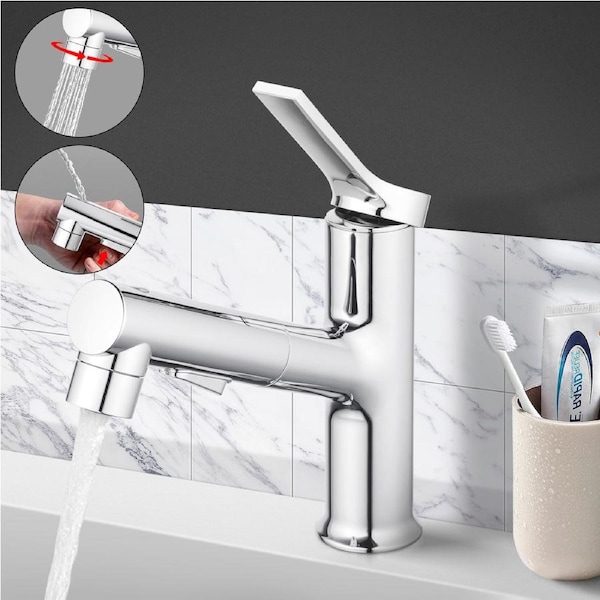 ACA Chrome Pull Out Basin Mixer Tap Round Spout Vanity Sink Laundry Faucet 2 Outlets