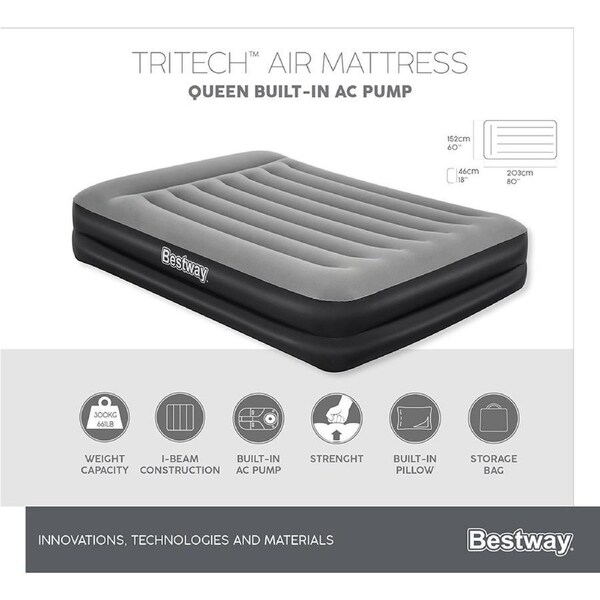Bestway 2.03m x 1.52m x 46cm Tritech Air Mattress Queen Built-in AC pump