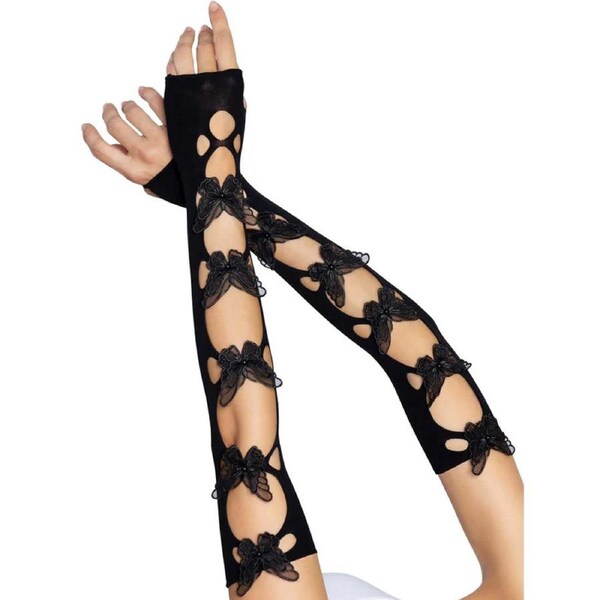 Black Opaque Net Cut-Out Butterfly Applique Arm Warmers
