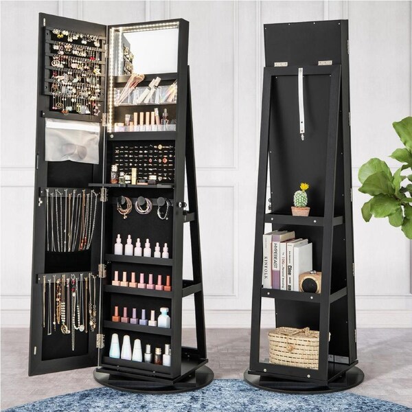 Costway 360° Rotating Jewelry Cabinet Full Length Mirror Armoire w/Inside Makeup Mirror & 3-Color Auto-on LED Lights Black