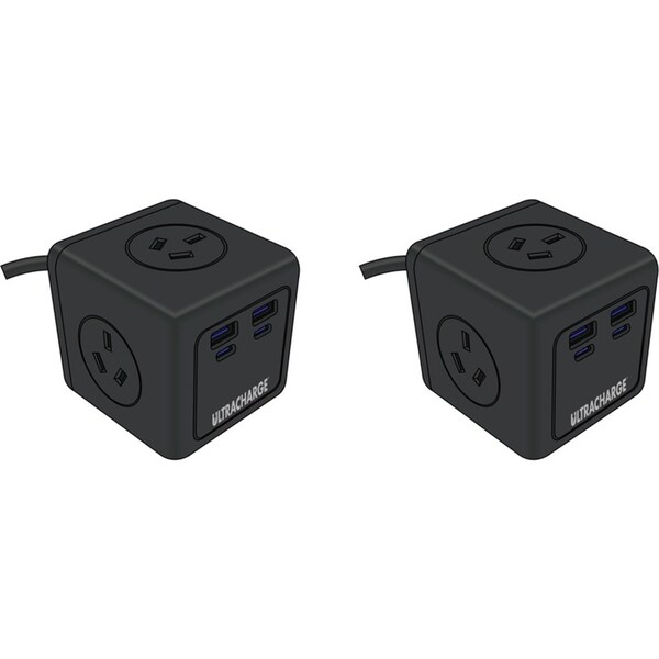 2x Ultracharge Power Cube 3-Socket/4-USB Port Plug AU/NZ Adapter Outlet Black