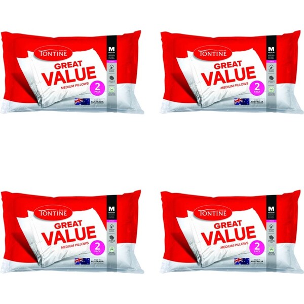 8pc Tontine Great Value Sleeping Cotton Medium Pillows Pack 48x73cm White