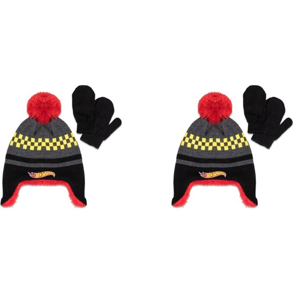 2x Hot-Wheels Mattel Kids/Children Beanie & Mittens Winter Racing Hat Red
