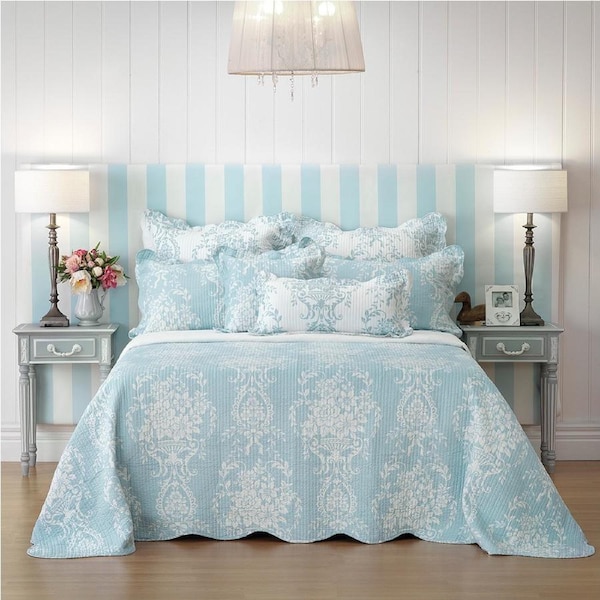 Bianca Florence Bedspread Pillowcase Set French Provincial Design Blue Queen