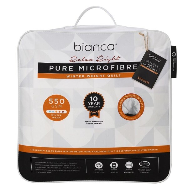 Bianca Relax Right Pure Microfibre Quilt 550gsm Home Bedding White Single