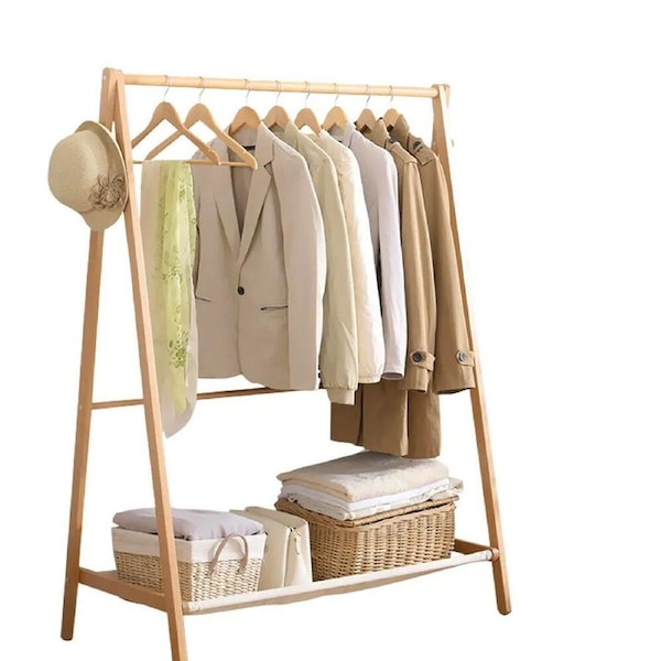 Wooden Wardrobe Garment Coat Hanging Rail Clothes Rack
