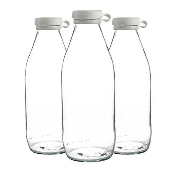Glass Milk Bottles Silicone Lid Large Fridge Storage Carafe Decanter 1 Litre - 3x