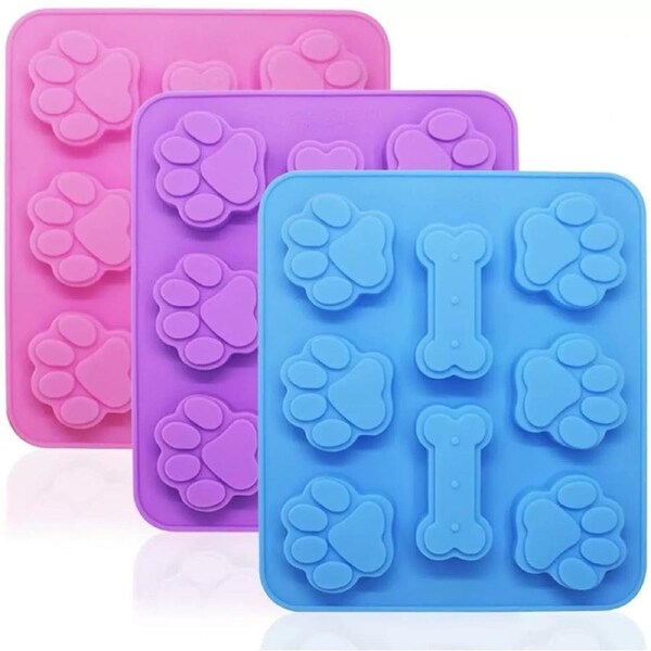 Silicone Molds Puppy Dog Paw Bone Shaped Cavity Reusable Ice Candy Trays - 3pcs
