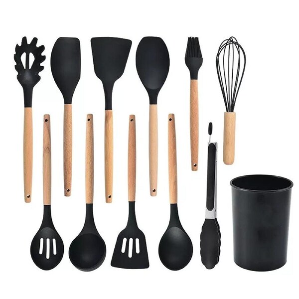Silicone Utensils Set Wooden Cooking Kitchen Baking Cookware - 12x