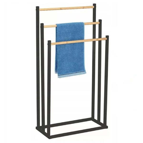Metal Towel Rack Rail 3 Bars Wood Grain Free Standing Holder Drying Shelf