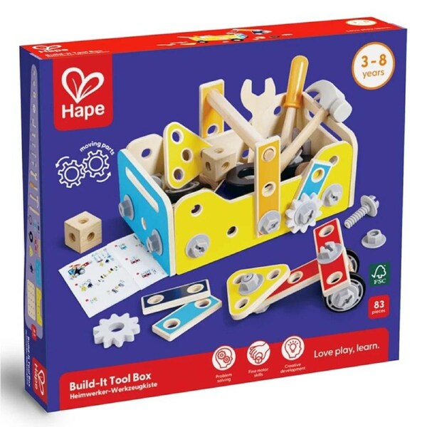 Hape 83 Piece Wooden Build-It Tool Box with Accessories - 3-8 Years