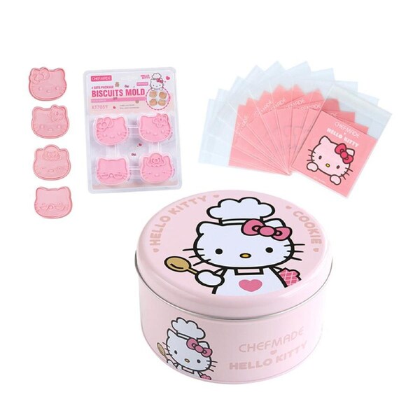 Hello Kitty 4 Piece Biscuit Mould, Cookie Tin & 50 Piece Cookie Bags Set