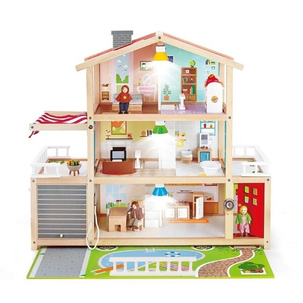 Hape 29 Piece Wooden Doll Family 80cm Mansion Realistic House with Accessories - 3+ Years