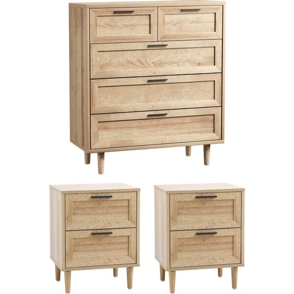 Oikiture 5 Chest of Drawers and 2 Bedside Tables Nightstand Bedroom Set Natural