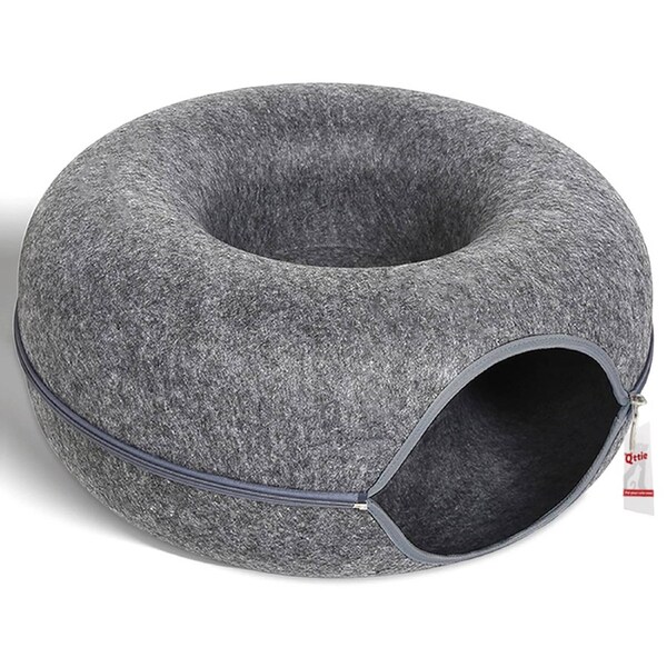 Qttie Cat Tunnel Bed Felt Pet Puppy Nest Cave House Round Donut Washable Detachable Dark Grey L