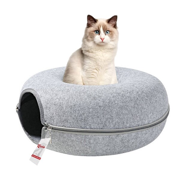 Qttie Cat Tunnel Bed Felt Pet Puppy Nest Cave House Round Donut Washable Detachable Light Grey L