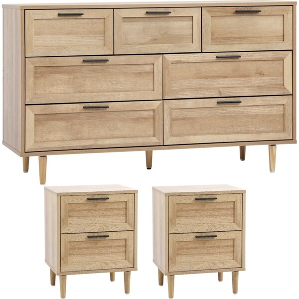 Oikiture 7 Chest of Drawers and 2 Bedside Tables Nightstand Bedroom Set Natural