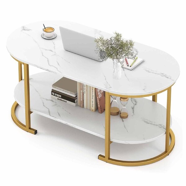 Costway 3-Tier Coffee Table Metal Frame Center Table Ample Desktop for Home Living Room w/Storage Shelf White&Gold