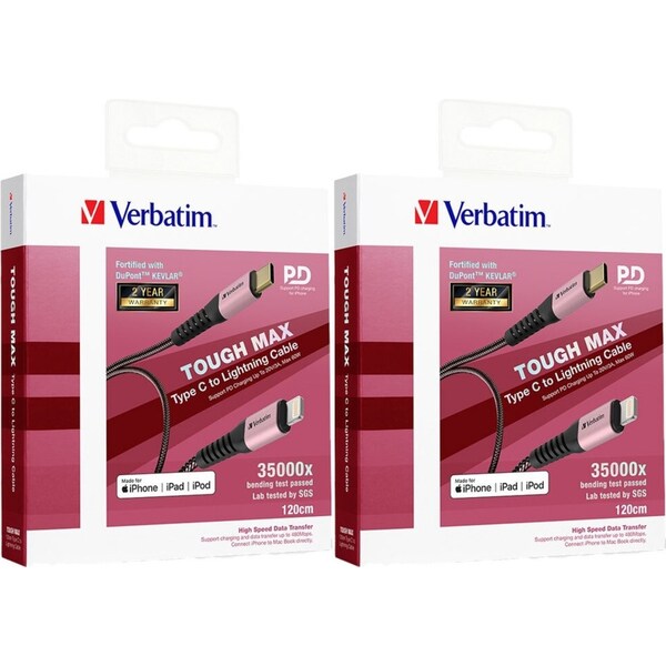 2x Verbatim 1.2m Type C to Lightning MFI-Certified Cable with Kevlar Rose Gold