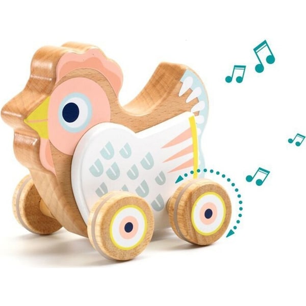 Djeco Musical BabySing Hen on Wheels Kids/Children 14x13cm Wooden Toy 10m+