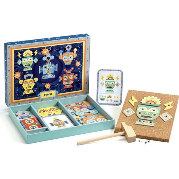 Djeco Robots Tap Tap w/Template Cards/Box Kids/Children 23x4cm Wooden Toy 4+