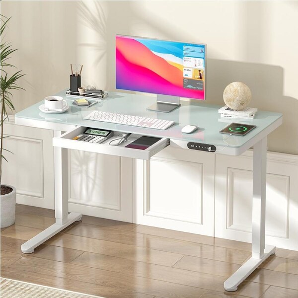 Advwin Electric Standing Desk with Drawer Height Adjustable Sit Stand Desk with One-Piece Glass Desktop & USB & Type C 120x60cm White