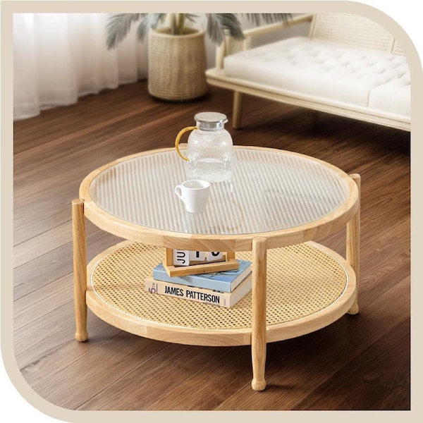 Furb 80CM Coffee Table Round Side Table with Tempered Glass & Rattan Storage Shelf for Living Room
