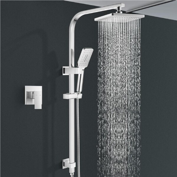 ACA 8" Square Rain Shower Head 3-MODE Handheld Gooseneck Sliding Shower Rail Set Mixer Tap