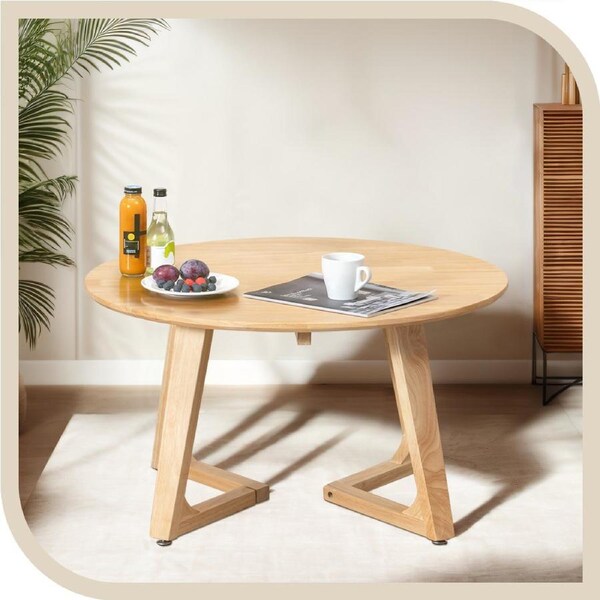 Furb 80CM Coffee Table Round Side Table with Adjustable Foot Pads & Sturdy Soild Wood Frame, OAK