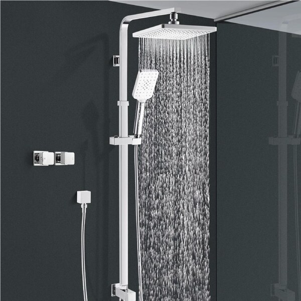 ACA Square 8" Shower Head Set 3-MODE Handheld Adjustable Height Rail Wall Arm With Cubic Taps