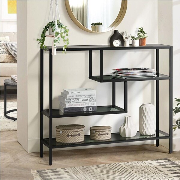 Oikiture 4 Shelves Console Table Tempered Glass Sofa Table Hall Side Entry Black