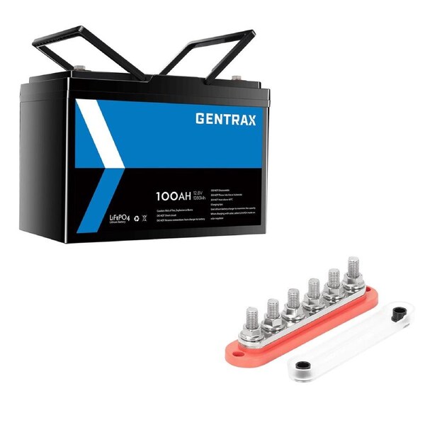 GENTRAX 12V 100Ah Lithium Battery + 6 GANG 300A BusBar Red