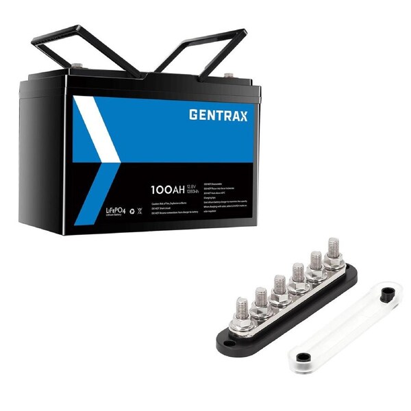 GENTRAX 12V 100Ah Lithium Battery + 6 GANG 300A BusBar Black